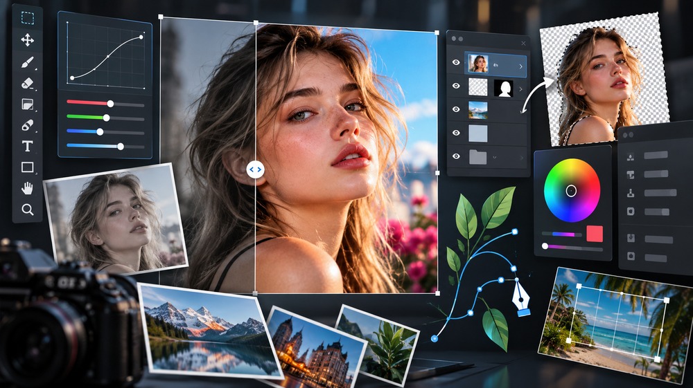 Photopea online photo editor workspace with layers, masks, vector tools and image adjustments